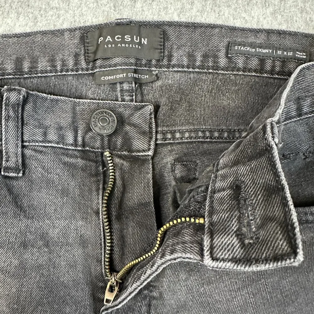 Pacsun Comfort Stretch Stacked Skinny Jeans Men's 32x32 Black Distressed Raw Hem